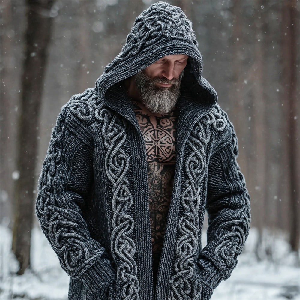 Viking Celtic Knot Men's Chunky Knit Hooded Cable-knit Cardigan artswardrobe