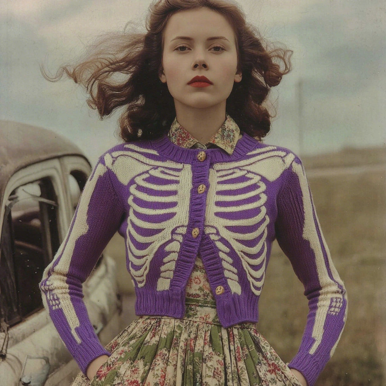 Women's Vintage Skull Ribs Pattern Cozy Knit Sweater Cardigan artswardrobe