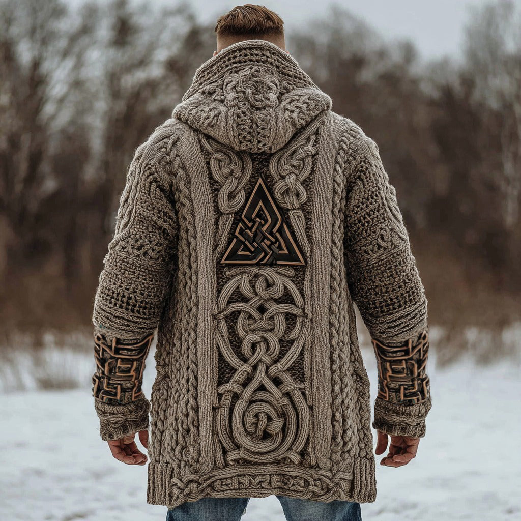 Men's Viking Celtic Knot Jacquard With Valknut Runes Knit Zipped Aran Sweater Hooded Cardigan artswardrobe