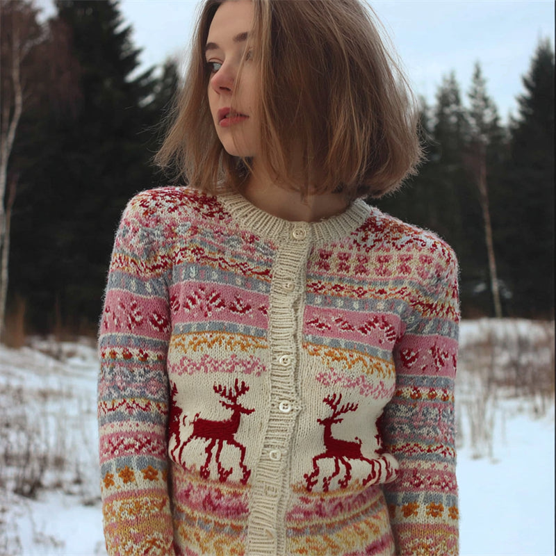 Vintage Christmas Reindeer & Snowflakes Cozy Isle Cardigan artswardrobe