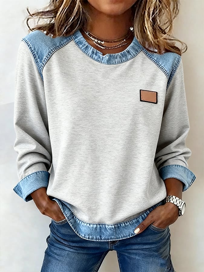 Women'S Casual Round Neck Contrast Color Stitching Pullover Sweatshirt