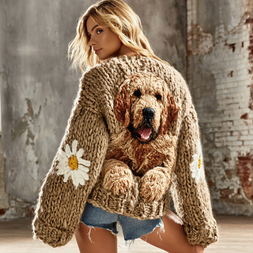 Classic Fluffy Cute Dogs With Floral Felt Art Inspired Embroidered Cozy Knit Sweater Cardigan artswardrobe