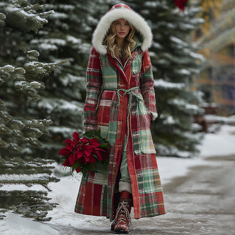 Comstylish Women's Christmas Scottish Classic Plaid Knit Hood With Fur Collar Coat