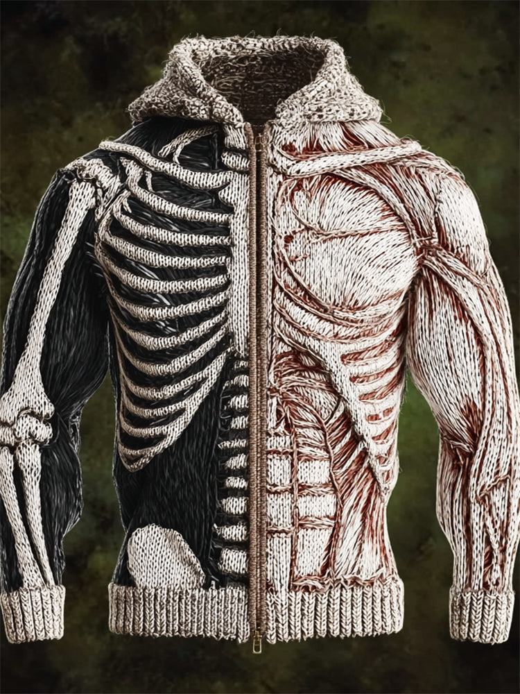 Men's Halloween Skeleton & Muscle Anatomy Contrast Full Zip Hooded Cardigan artswardrobe