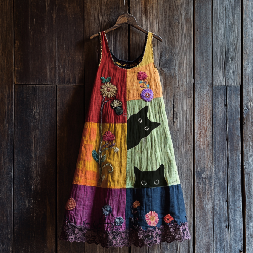 Vintage Abstract Creative Cute Black Cat With Floral Patchwork Art Linen Tank Dress artswardrobe