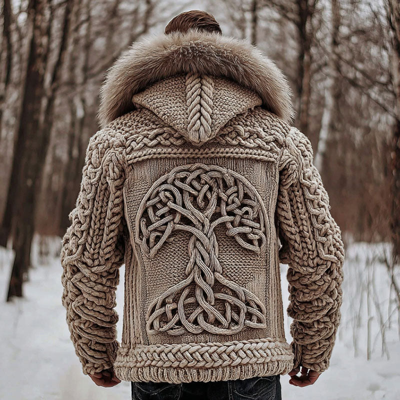 Men's Viking Tree Of Life Celtic Knit Fuzzy Hooded Zipper Cardigan artswardrobe