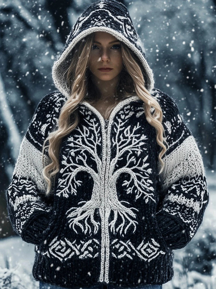 Viking Tribal Tree Of Life Celtic Chunky Hooded Cardigan elevenforest