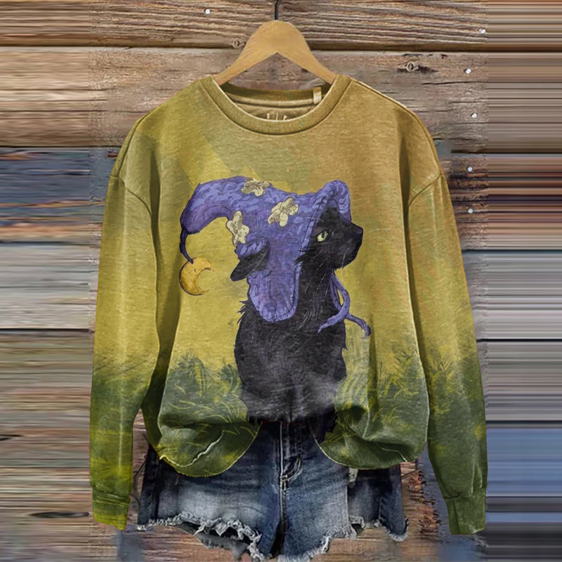 Abstract Creative Witch Black Cat Print Crew Neck Casual Sweatshirt elevenforest