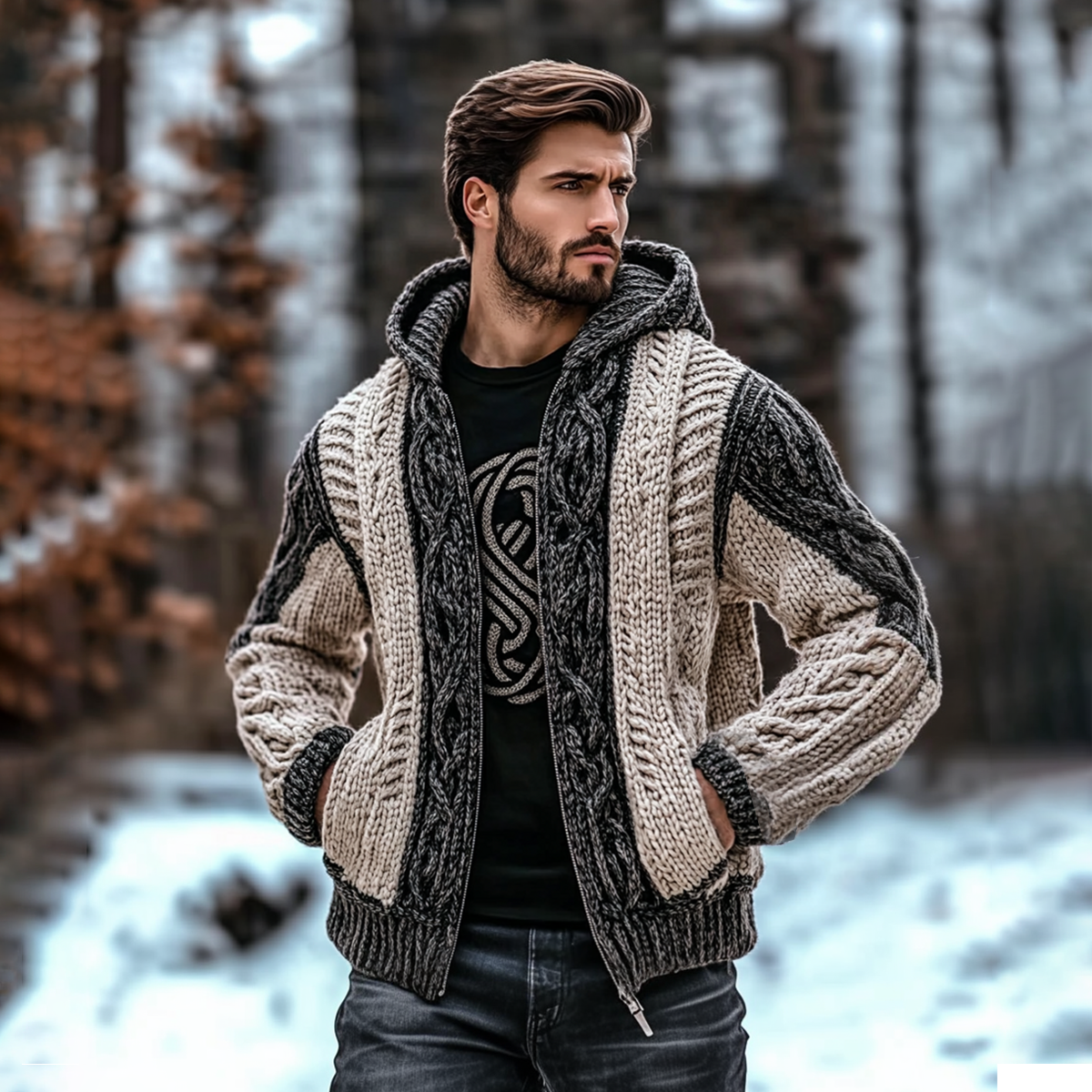 Men's Vintage Celtic Knot Jacquard Chunky Knit Cozy Zip Up Cardigan Sweater elevenforest