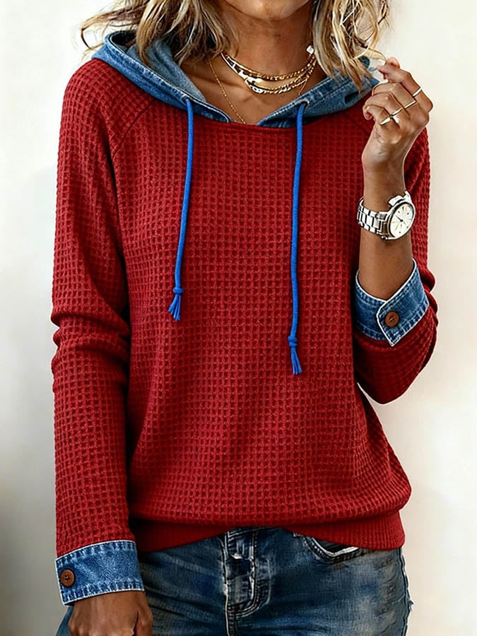 Women's Casual Hooded Contrast Color Panel Top