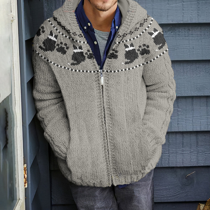 Mens Vintage Border Collie & Paw Knitted Hooded Cardigan elevenforest