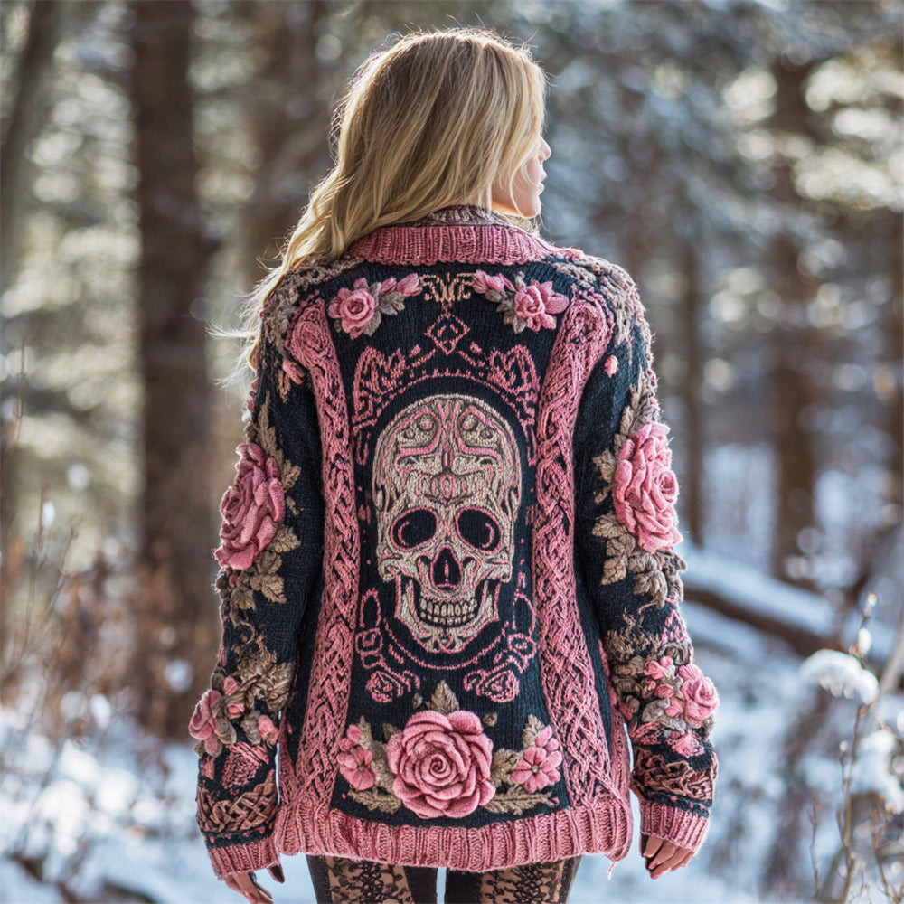 Boho Skull & Floral Art Women's Knit Cardigan artswardrobe