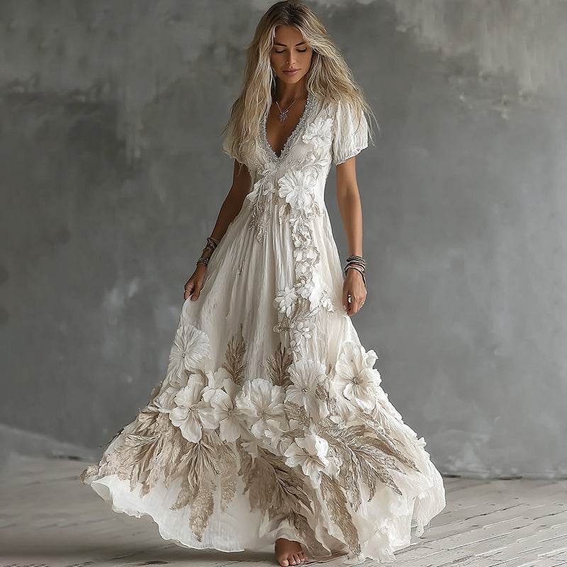 Women's Vintage Boho Floral Art Short-sleeved Maxi Dress