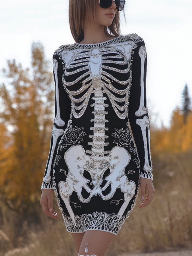 Comstylish Women's Ancient Halloween Anatomy Art And Rose Knitted Round Neck Dress