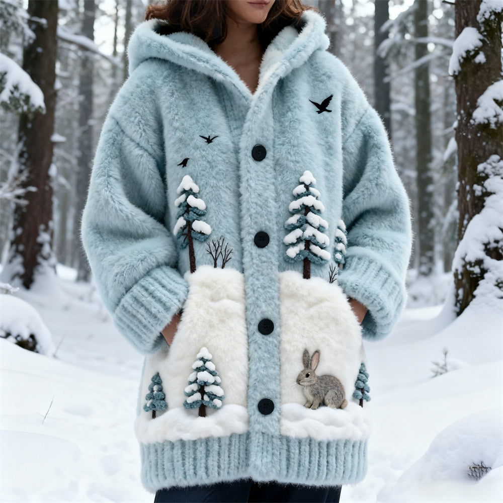 Winter Rabbit Design Women's Plush Hooded Cardigan