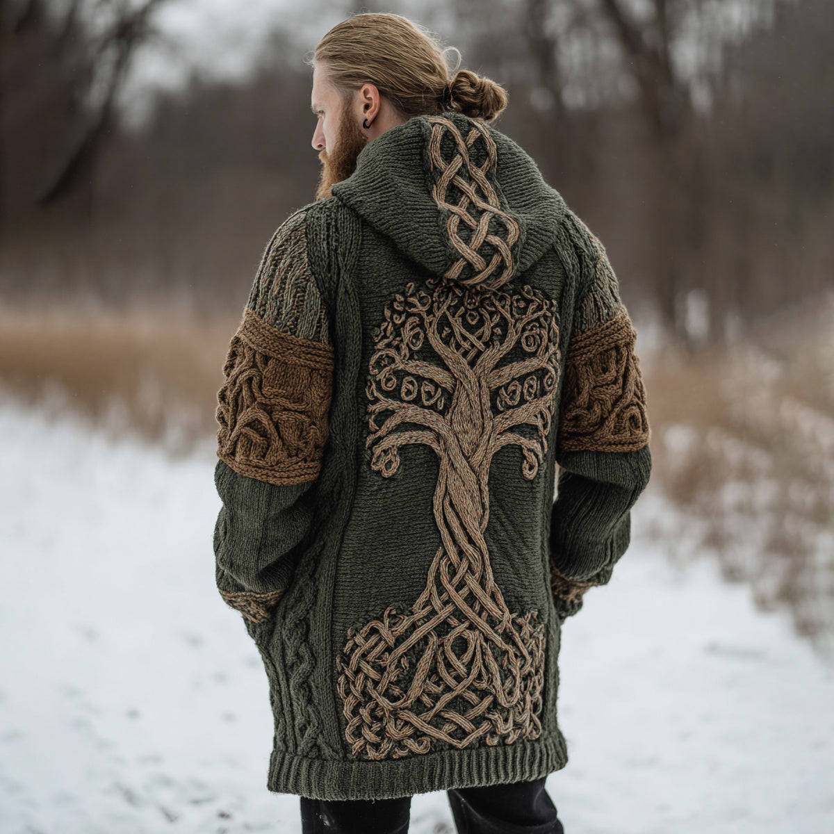 Men's Retro Tree Of Life Celtic Knot Art Jacquard Chunky Knitted Cozy Hooded Cardigan artswardrobe