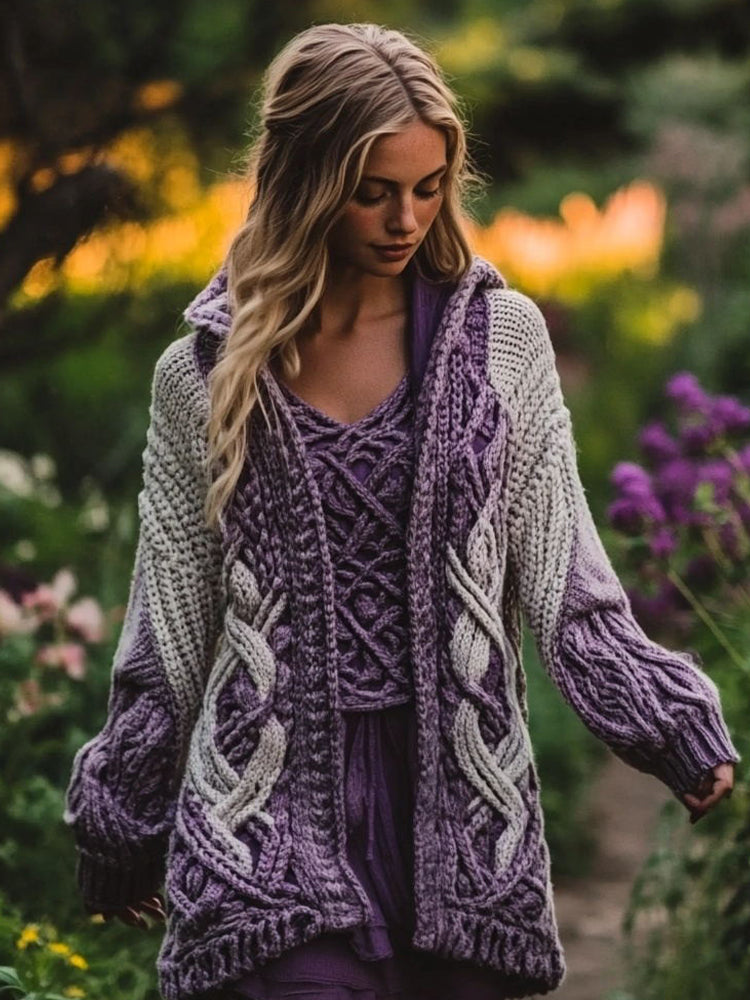 Women's Celtic Knot Gradient Color Cozy Knit Hooded Cardigan elevenforest