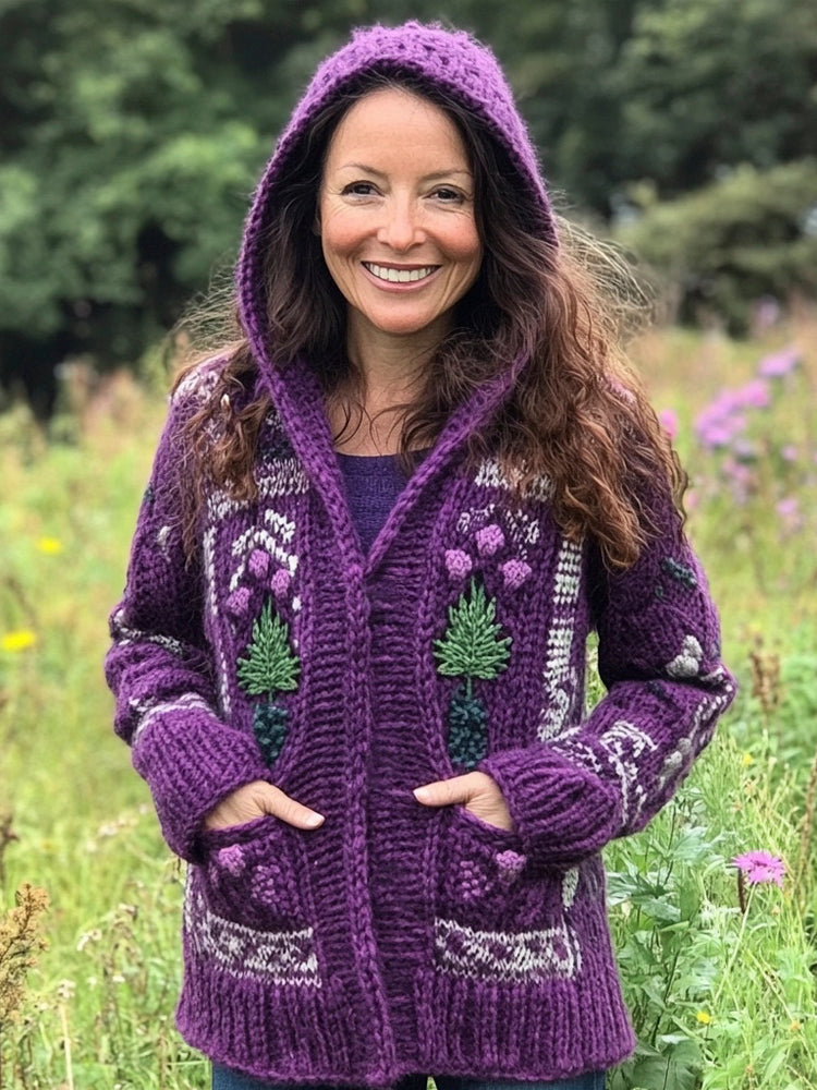 Scottish Floral Knitting Pattern Women's Hooded Cardigan artswardrobe