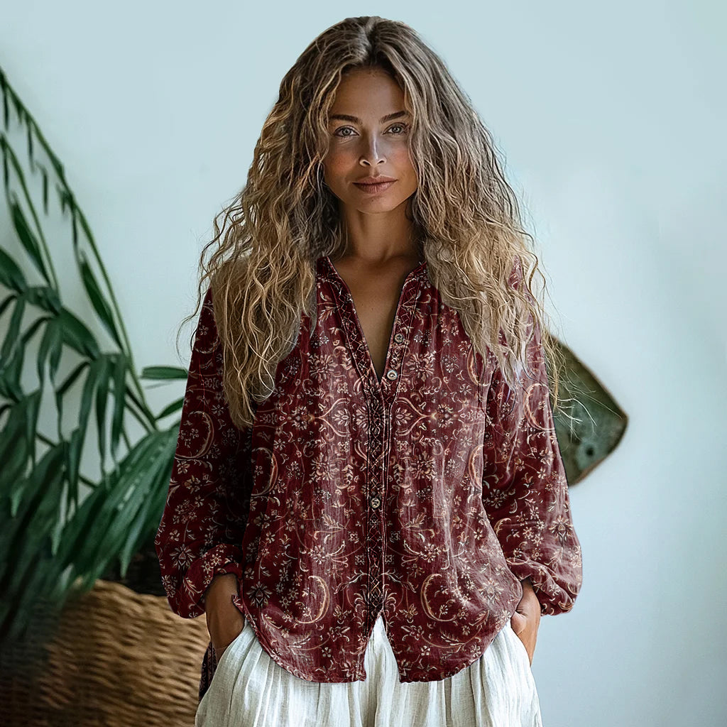Bohemian Style Floral Linen Print Long Sleeve Shirt artswardrobe