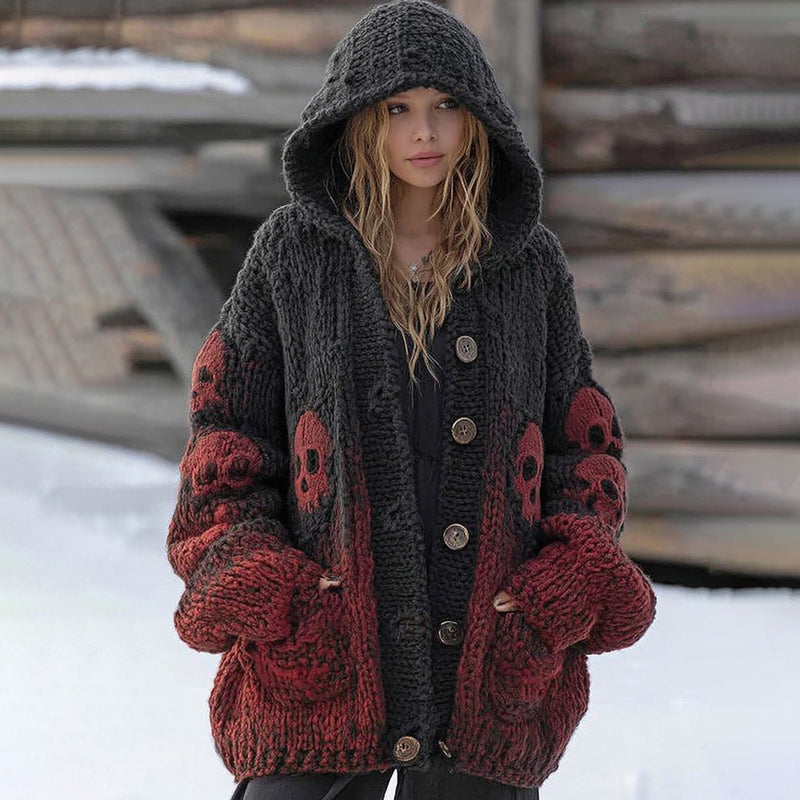 Women's Vintage Viking Tribal Celtic Skull Gradient Art Chunky Knit Hooded Cardigan artswardrobe