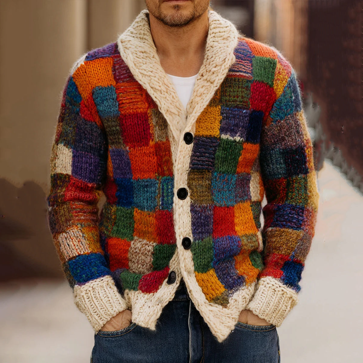 Vintage Color Block Print Shawl Collar Sweater Cardigan artswardrobe