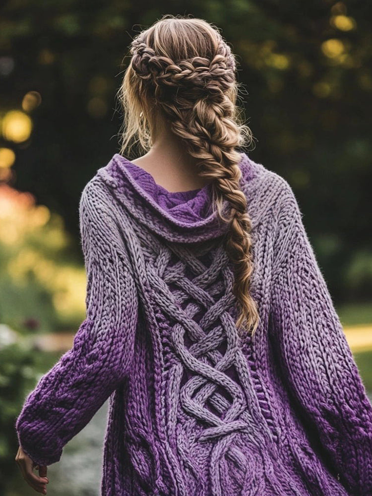 Women's Celtic Knot Gradient Color Chunky Knit Hooded Cardigan elevenforest