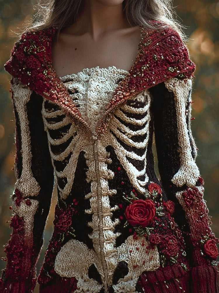 Vintage Skeleton Bloody Roses Hooded Sweater Cardigan artswardrobe