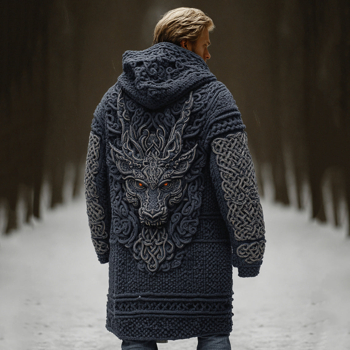 Men's Viking Dragon Head Celtic Knot Pocket Mid-length Cardigan artswardrobe