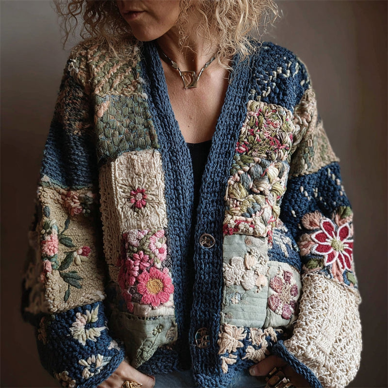 Japanese Floral Sashiko Art Embroidered Patchwork Cozy Knit Cardigan artswardrobe