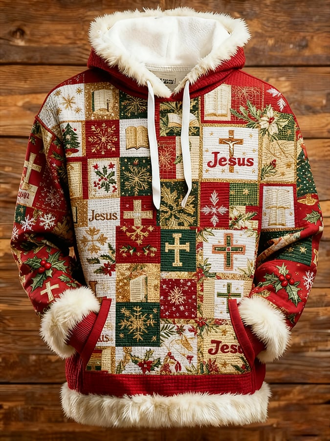 Men's Casual Faith Print Patchwork Fur Collar Hooded Sweatshirt