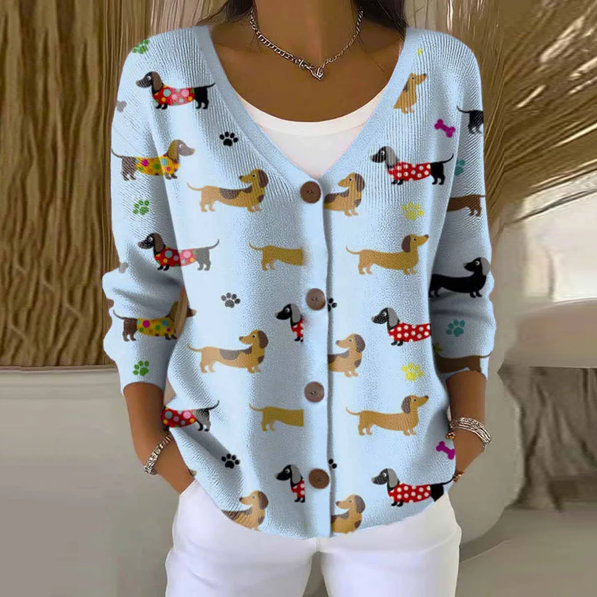 Funny Dogs Art Print Buttoned V-neck Cardigan Sweater artswardrobe
