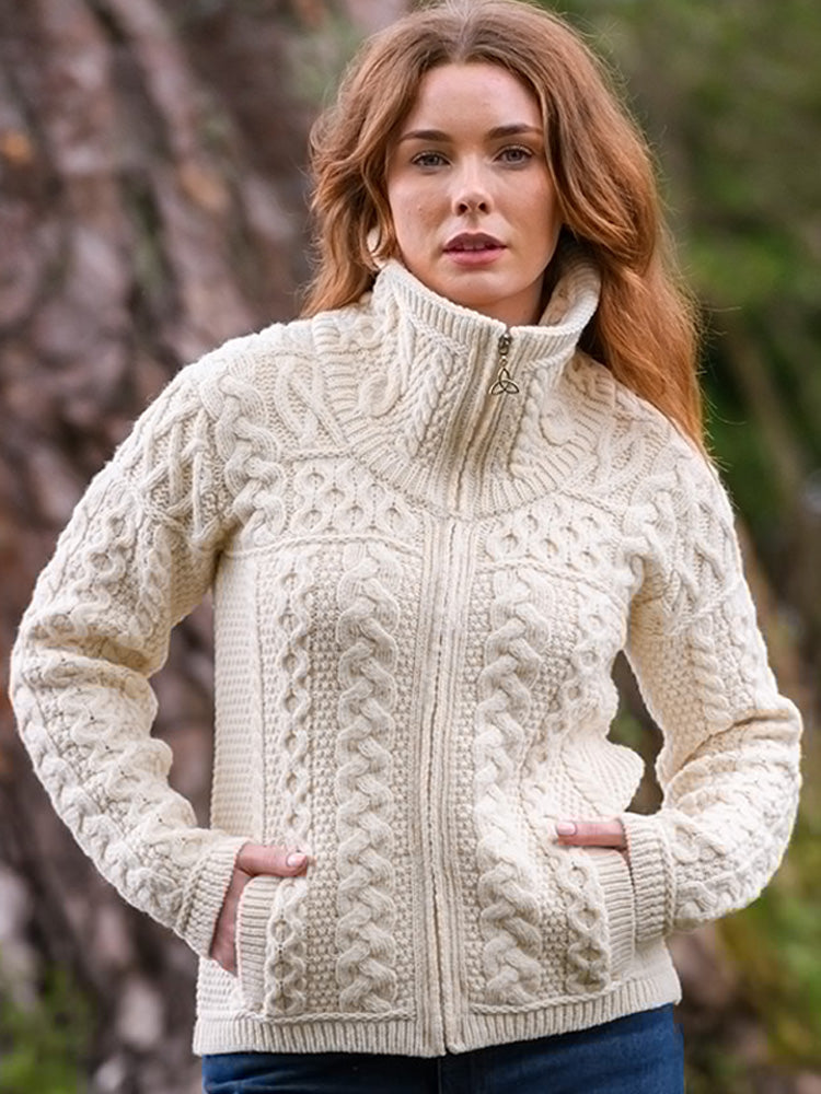 Women's Vintage Double Collar Zip Merino Aran Cardigan artswardrobe