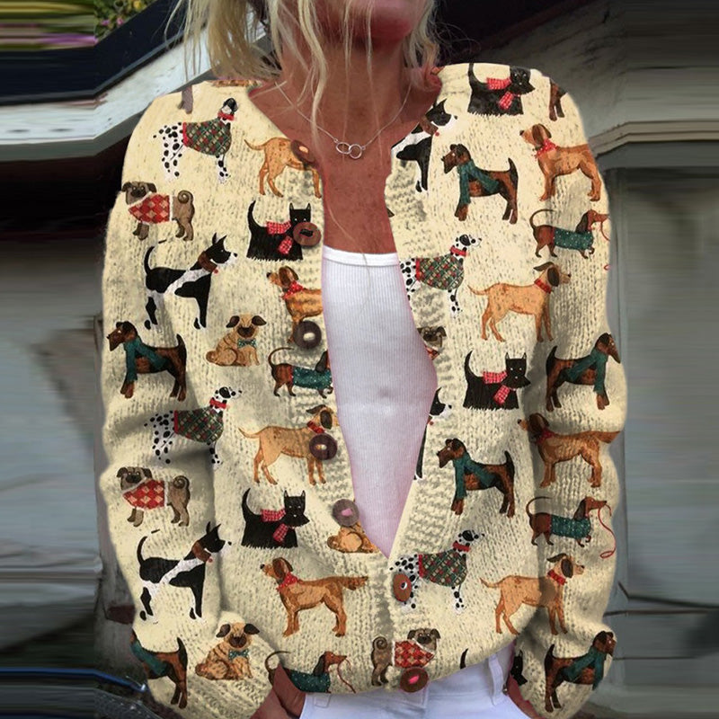 Comstylish Dog Print Long Sleeve Casual Knitted Cardigan