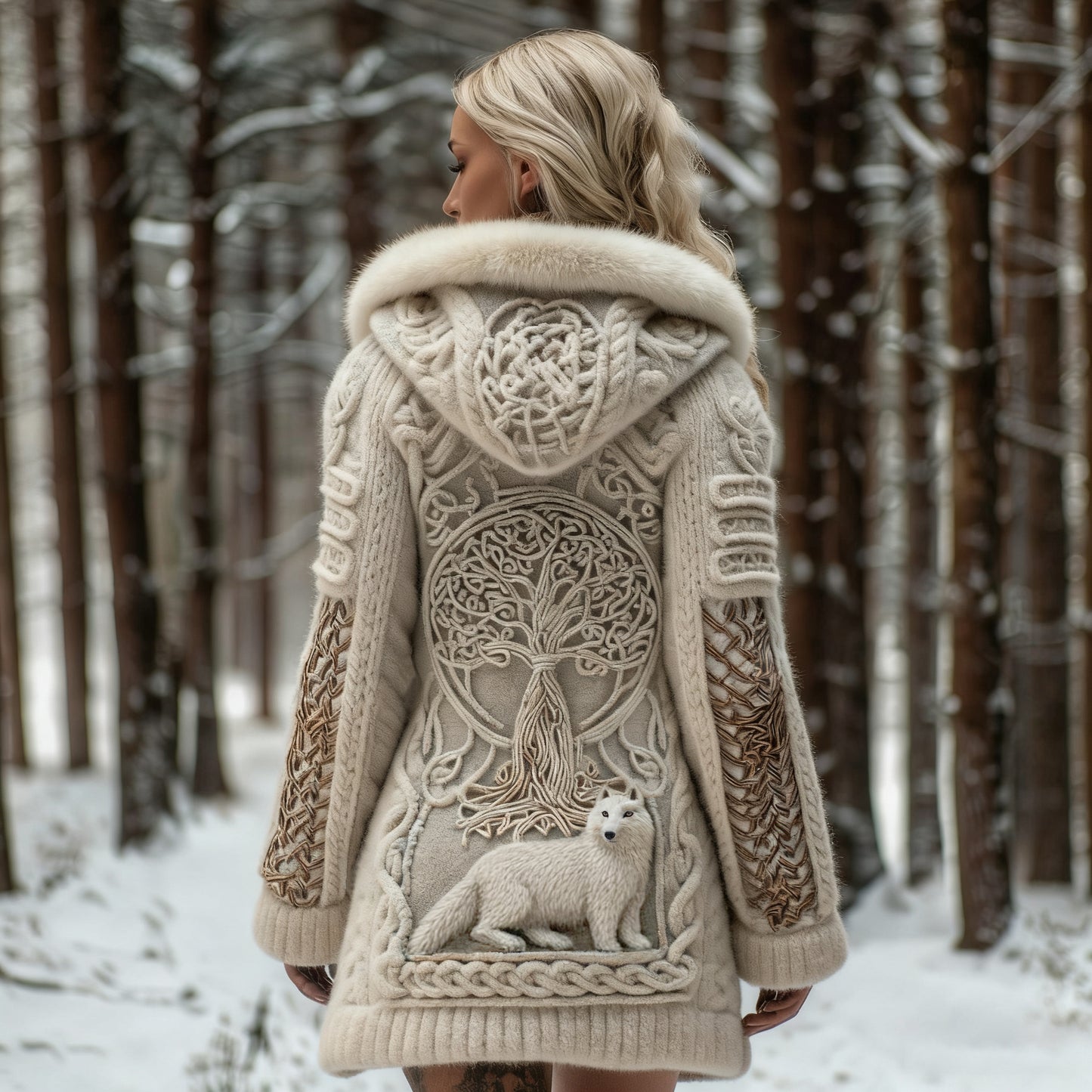 Women's White Fox And Tree Of Life Celtic Jacquard Cozy Fur Collar Knit Hooded Cardigan artswardrobe