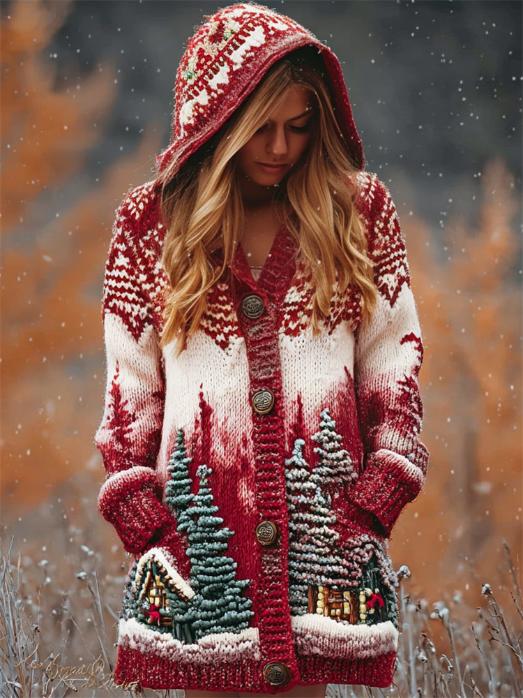 Snowy Christmas Landscape Yoke Cozy Knit Hooded Cardigan artswardrobe