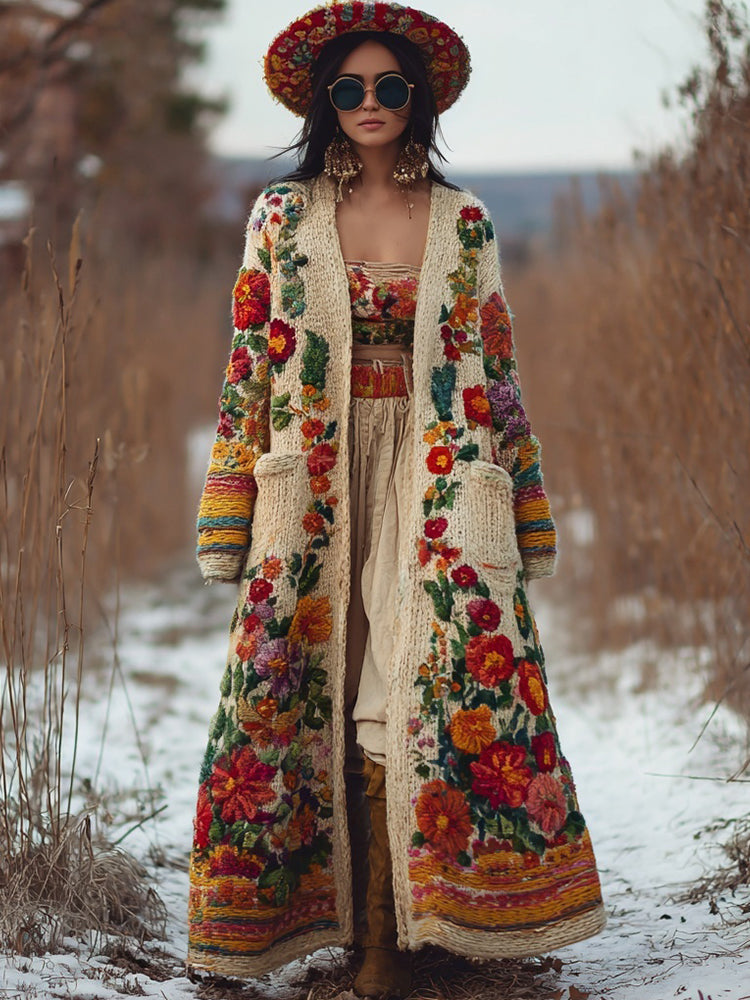Vintage Mexican Flowers Embroidered Long Sweater Cardigan artswardrobe