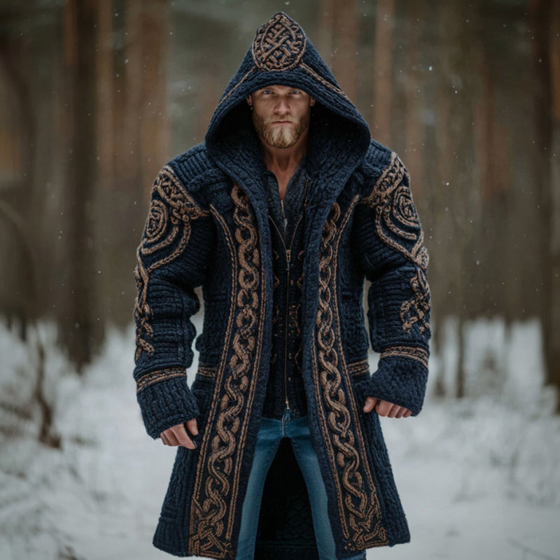 Men's Vintage Viking Celtic Knot Art Chunky Knit Mid-length Hooded Cardigan Sweater artswardrobe