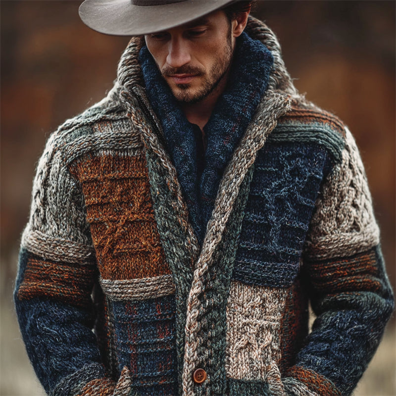 Men's Vintage Western Chunky Colorblock Knit Hooded Cardigan artswardrobe
