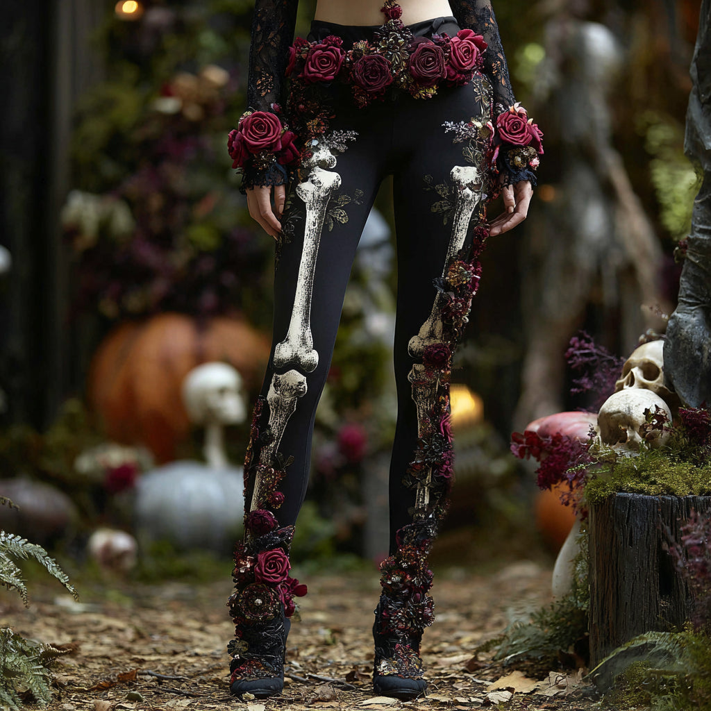 Comstylish Women's Vintage Rose Skull Art Casual Leggings