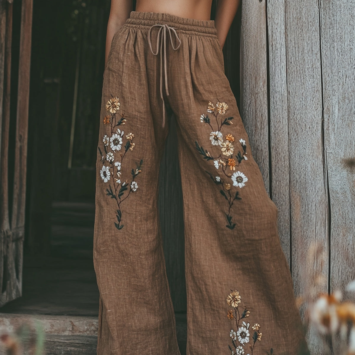 Women's Vintage Floral Embroidered Pattern Linen Blend Casual Pants artswardrobe