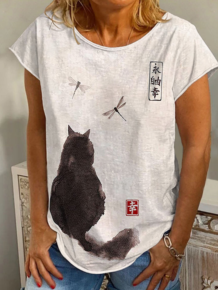 Cat Ink Painting Art Print Casual Short Sleeve T-Shirt elevenforest