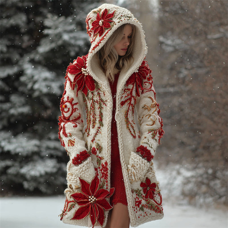 Classy Elegant Christmas Poinsettia Cozy Hooded Cardigan artswardrobe