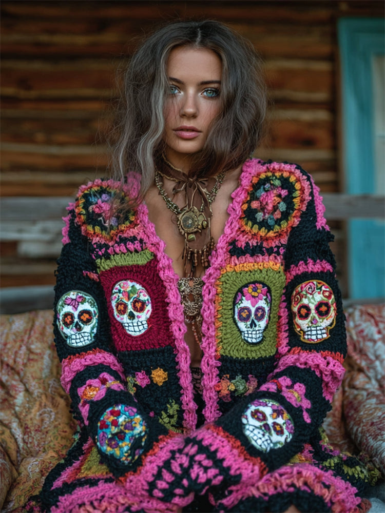 Boho Day Of The Dead Sugar Skulls Floral Crochet Cozy Cardigan elevenforest
