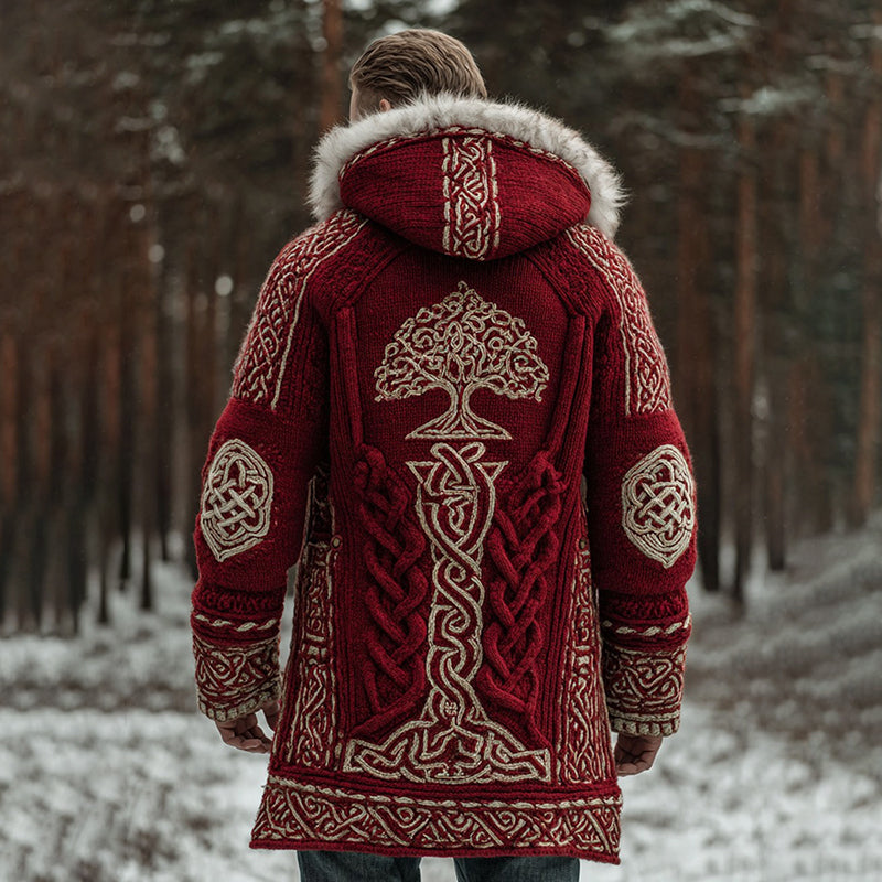 Vintage Christmas Life Of Tree Celtic Knit Fur Trim Cozy Hooded Cardigan artswardrobe