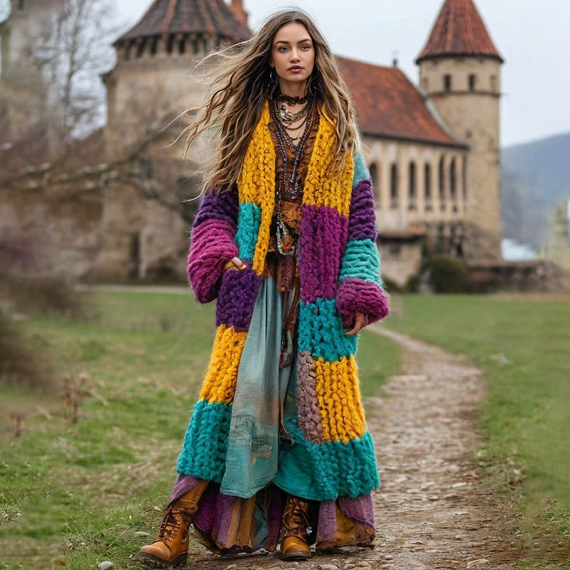 Women's Boho Geometric Contrast Color Comfortable Thick Cardigan artswardrobe