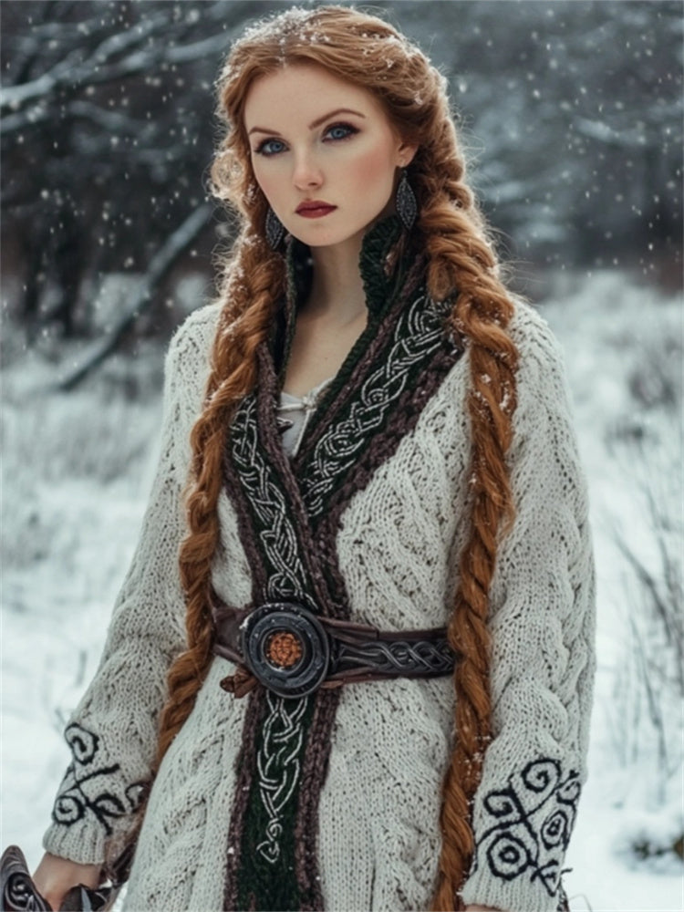 Medieval Celtic Contrast Hem Cozy Chunky Long Cardigan elevenforest