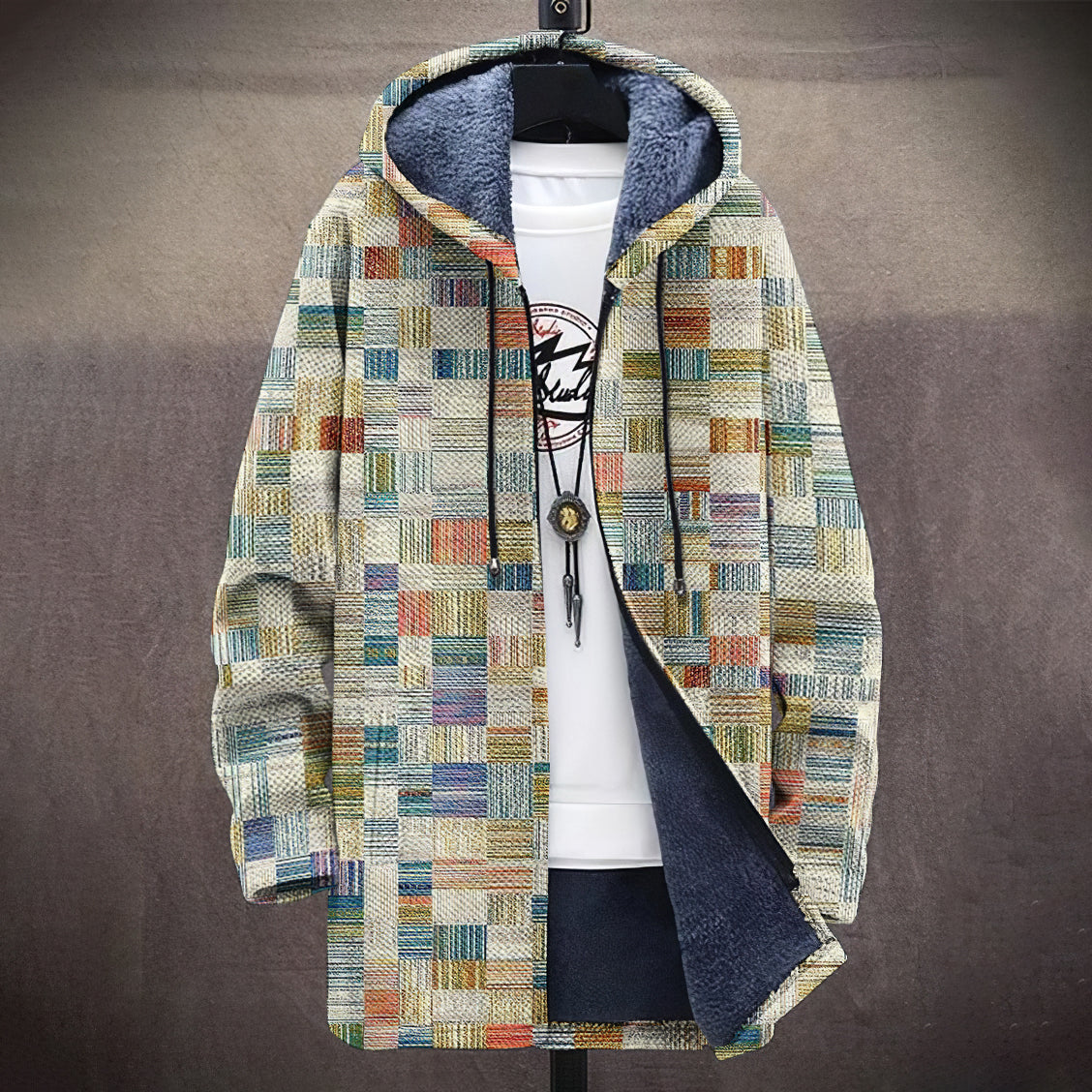 Men's Abstract Geometric Art Comfort Plush Hooded Coat elevenforest