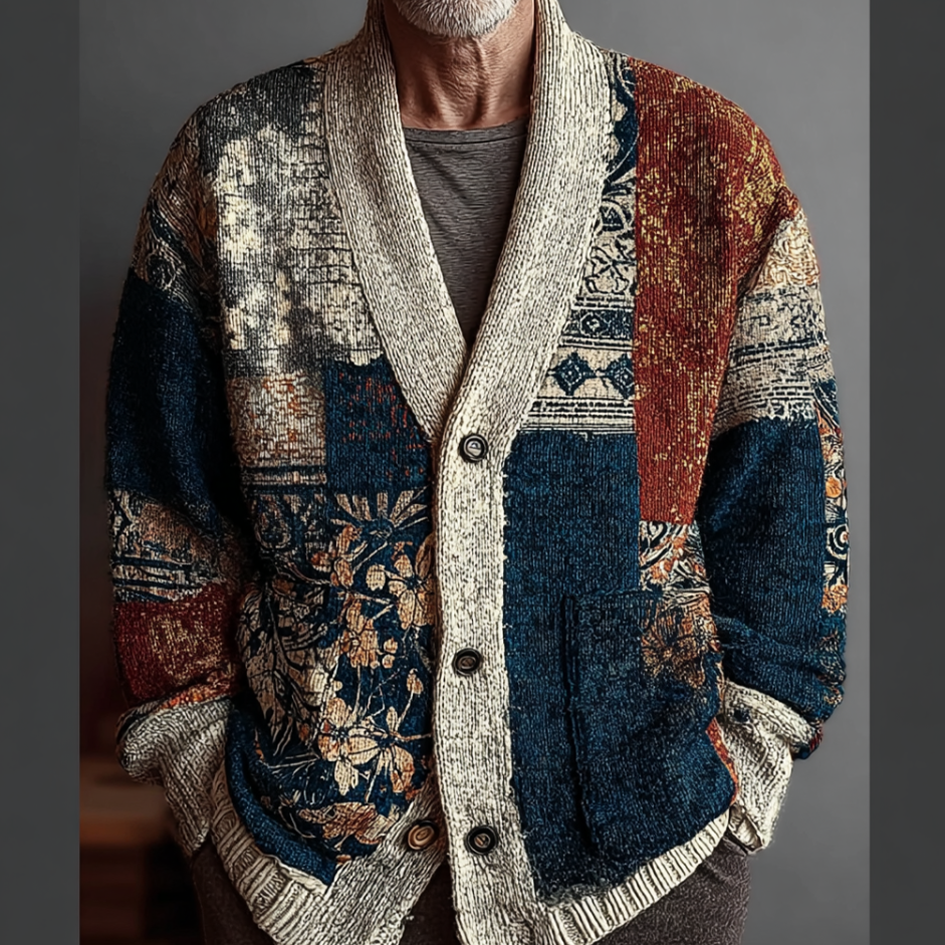 Japanese Art Style Geometric Color Blocks And Plant Flower Patterns Men's Retro Cardigan Sweater Jacket elevenforest
