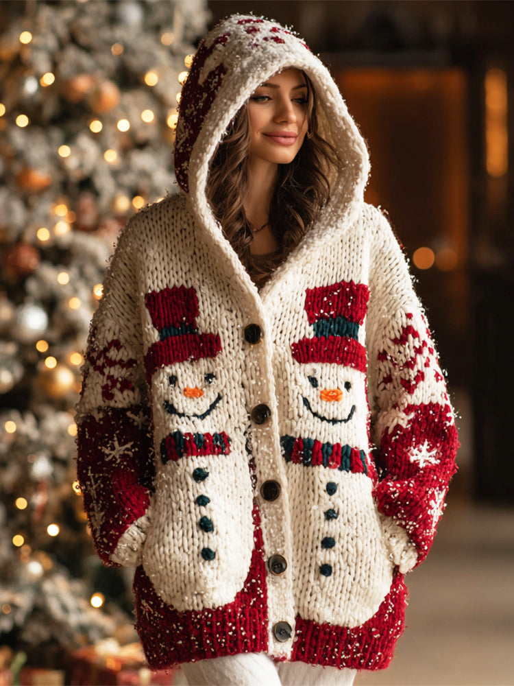 Christmas Snowman Knit Pattern Women's Hooded Cardigan artswardrobe