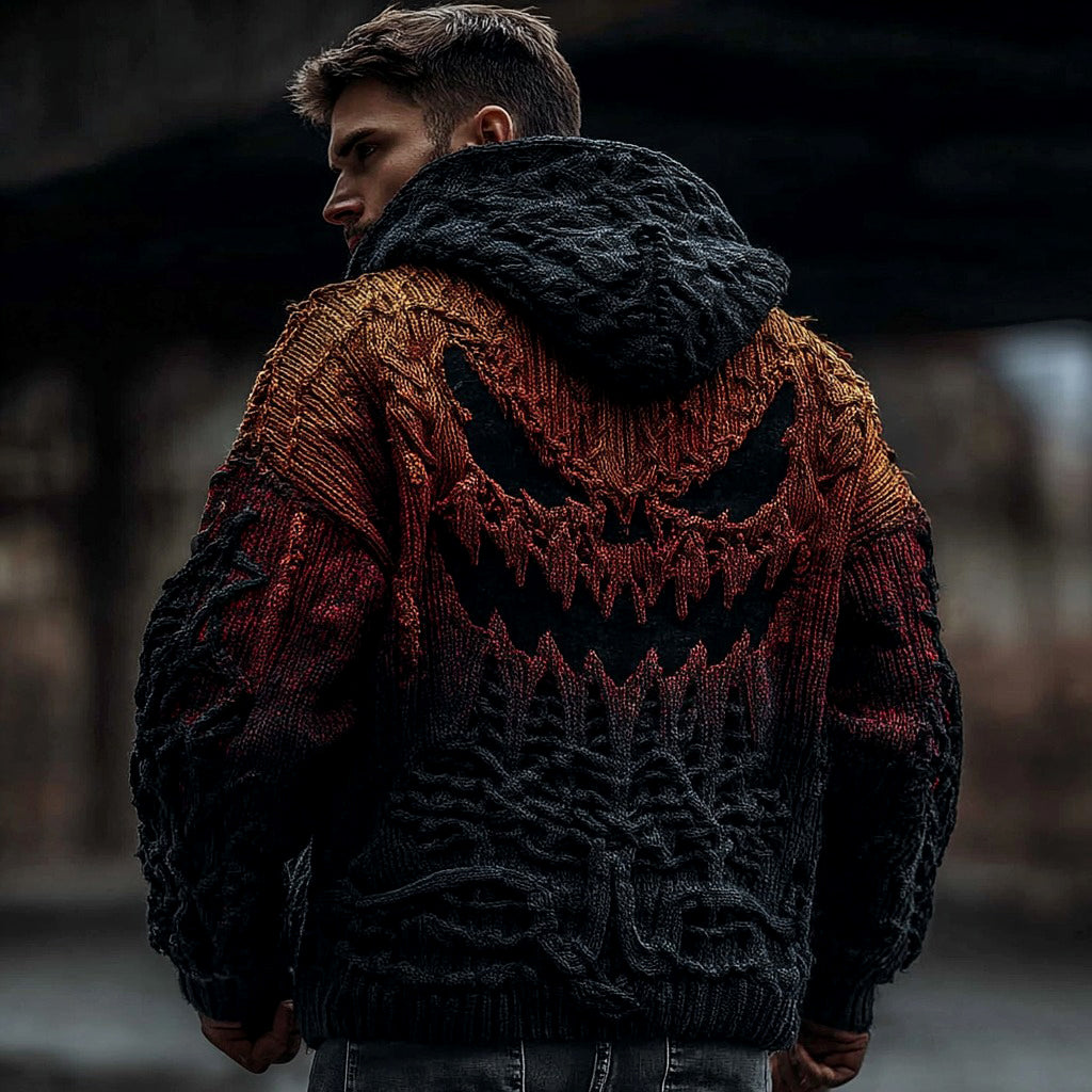 Viking Halloween Scared Pumpkin Face Jacquard Knit Twist Zip Hooded Sweater Cardigan elevenforest